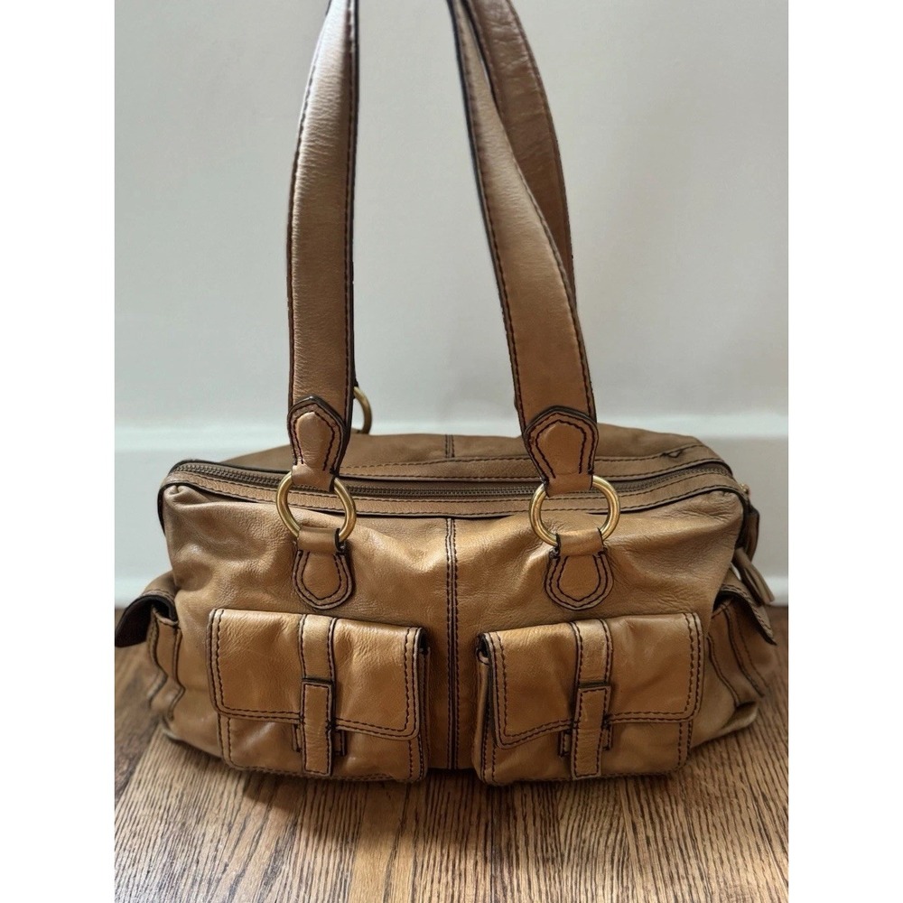 Antonio Melani Y2K Cognac Leather Cargo Pocket Satchel Bag East West Vintage